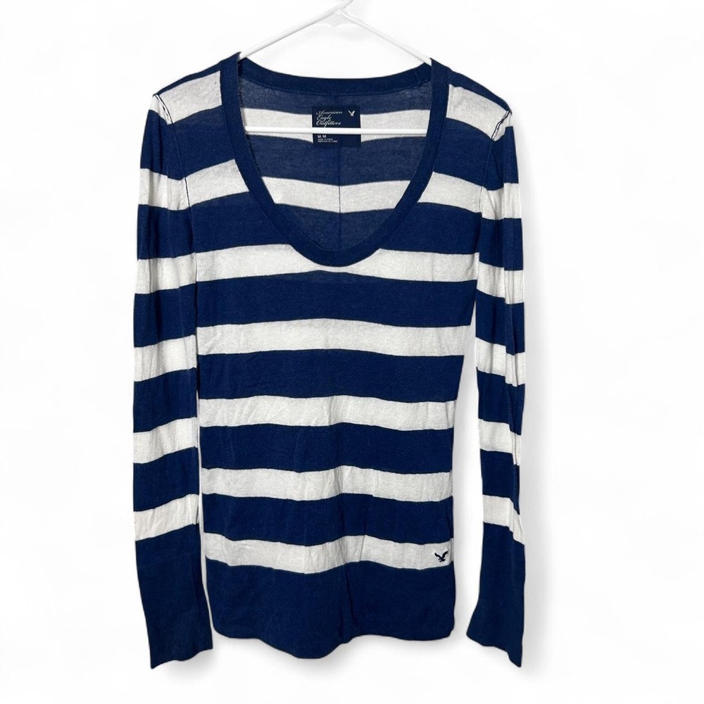 American Eagle Women's Sweater Medium Blue Stripe V-Neck Knit Logo Y2K
